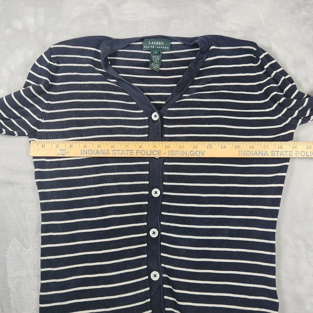 LRL Ralph Lauren Silk Navy White Striped Cardigan Sweater S Quiet Luxury Nautica